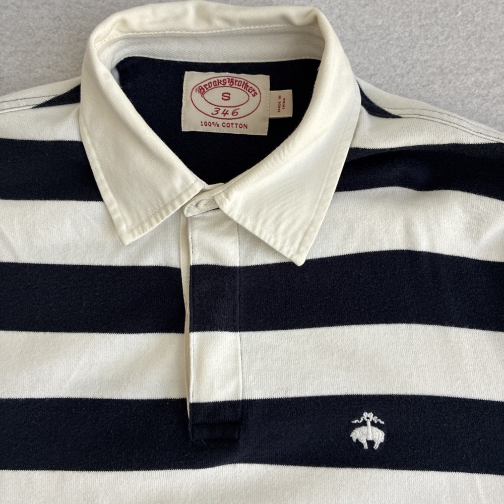 Brooks Brothers Rugby Shirt Mens Small Navy Stripe White Collar Logo 100% Cotton